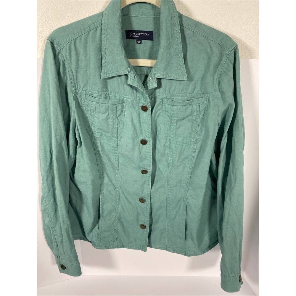 Jones New York Linen Long Sleeve Shirt Jacket Size L Green Q1